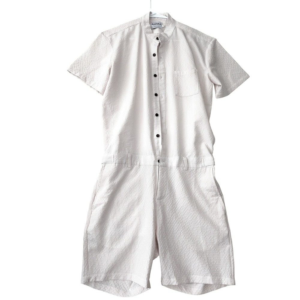RomperJack Mens Seersucker Romper Muted Pink White Stripe Short Sleeve Size M
